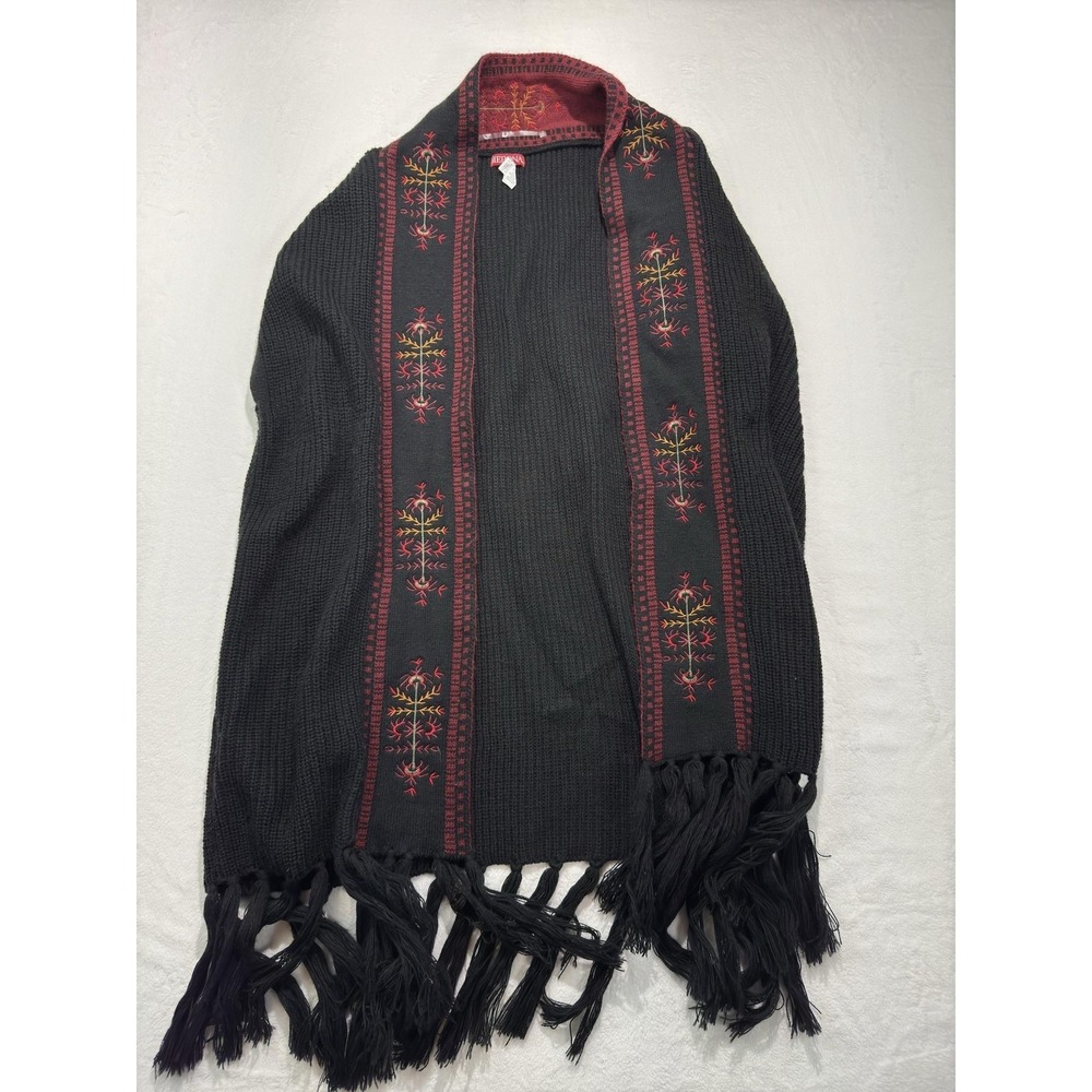 Merona Vest Womens One‎ Size Black Floral Embroidered Boho Fringe Knit Sweater